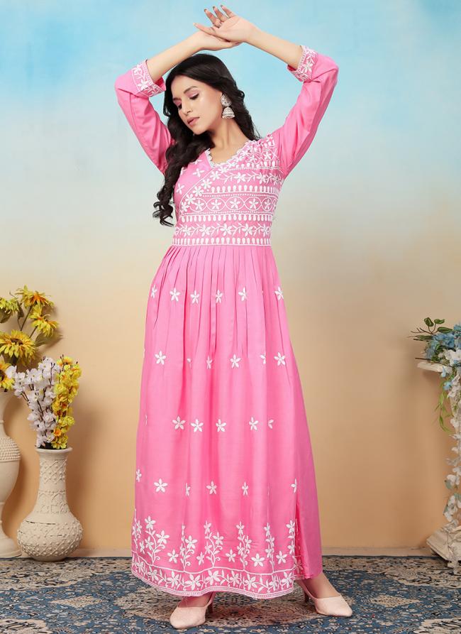 Rayon Pink Casual Wear Chikankari Embroidery Readymade Gown With Pant